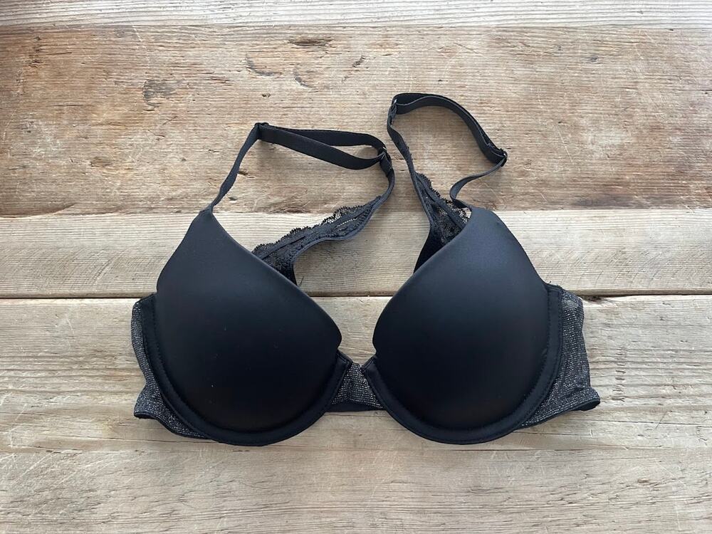 Victoria's Secret Black Shimmer Lace 32C Sexy Tee Lined Demi Bra VS